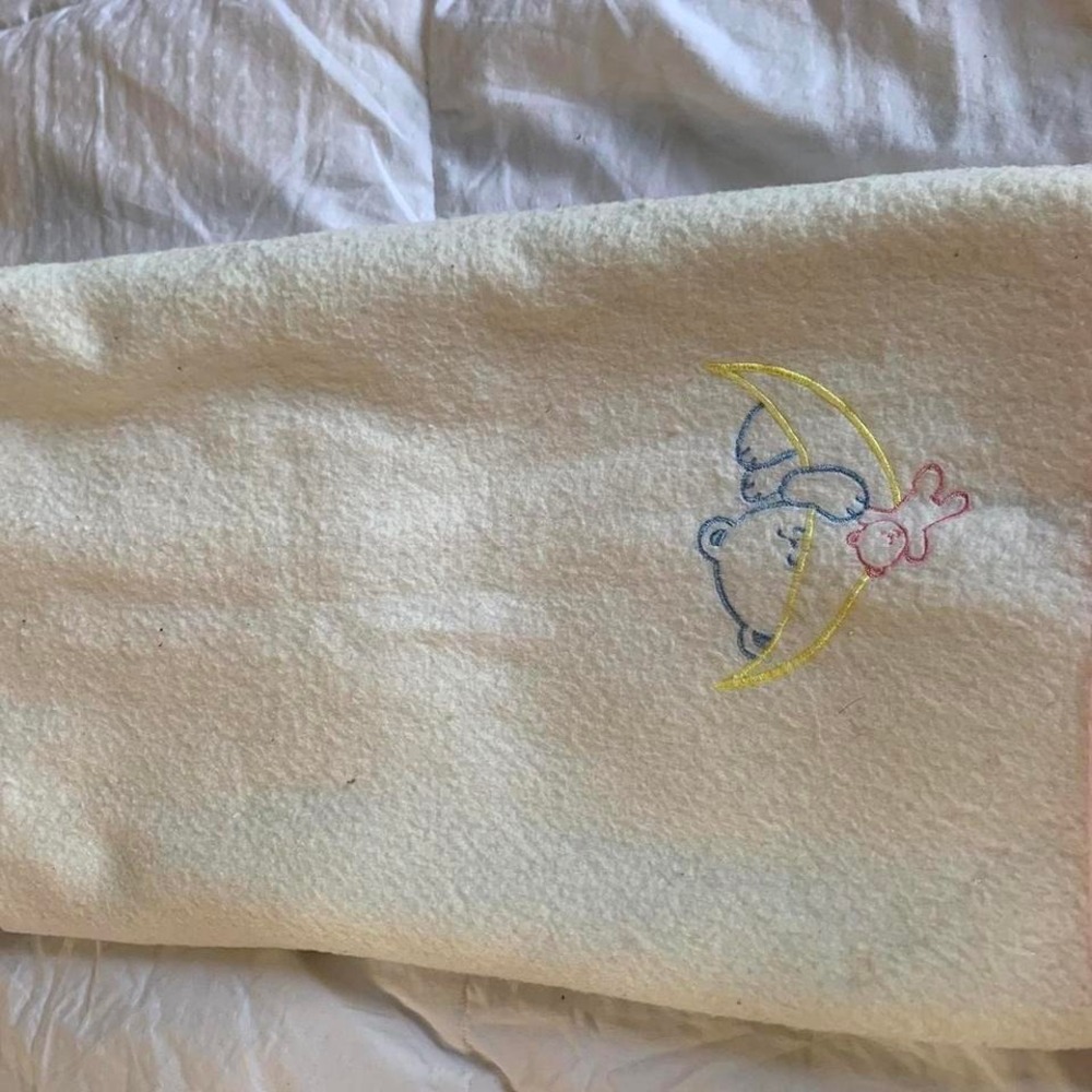 Vintage Acrylic Baby Blanket Pink Satin Trim Teddy Bear Moon 90S 80S UNIQUE RARE